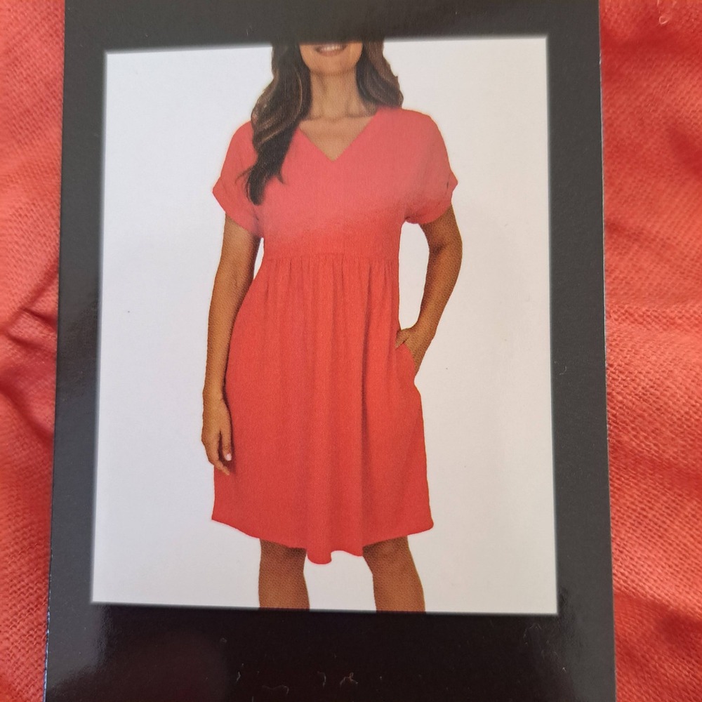Briggs Linen Blend Dress Medium Pink/Orange NWT V-Neck Short Sleeve 1526-238